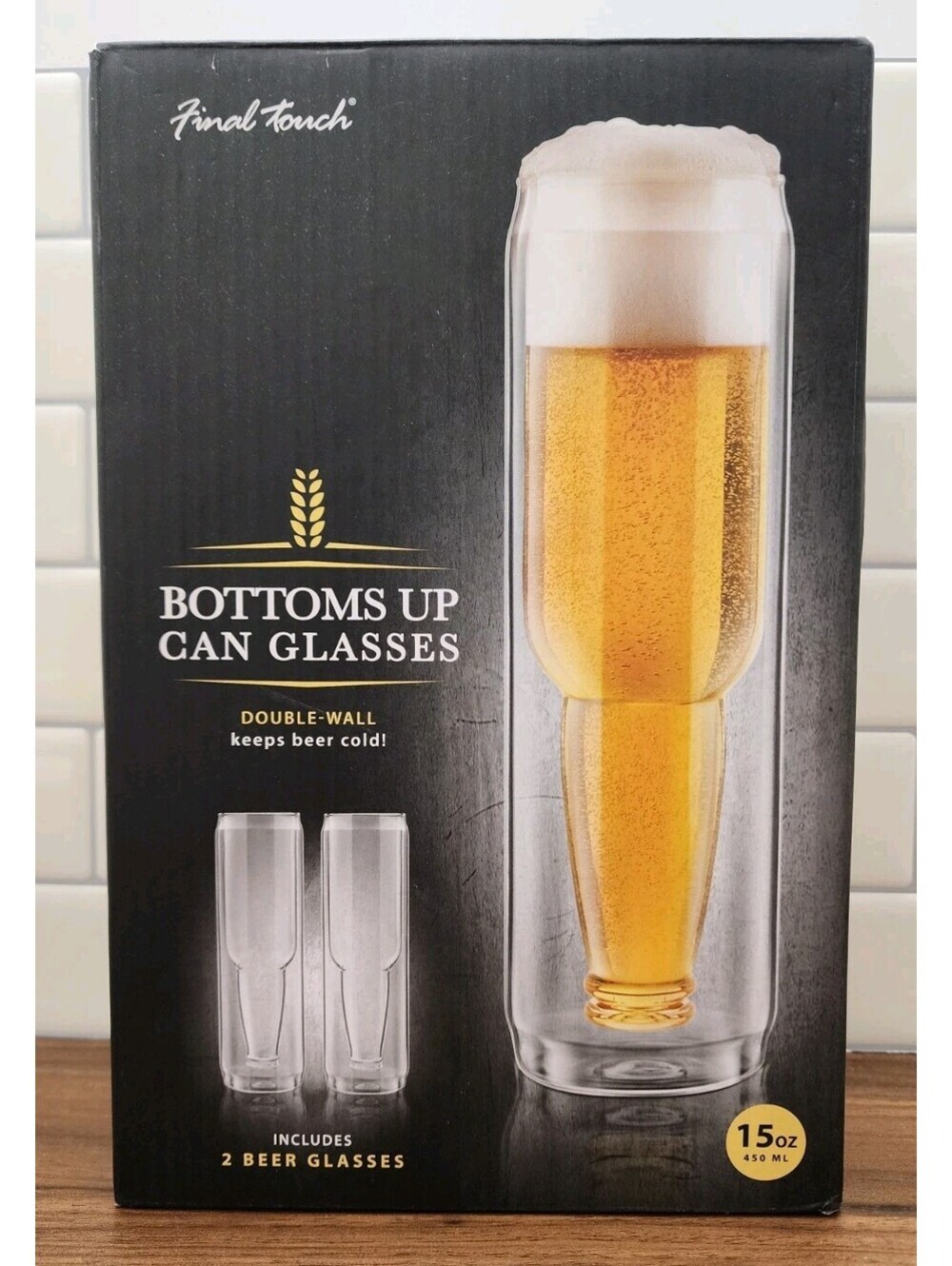 Bottoms Up Beer Glass Set Upside Down Bottle Design (2) 15oz Glasses Double Wall
